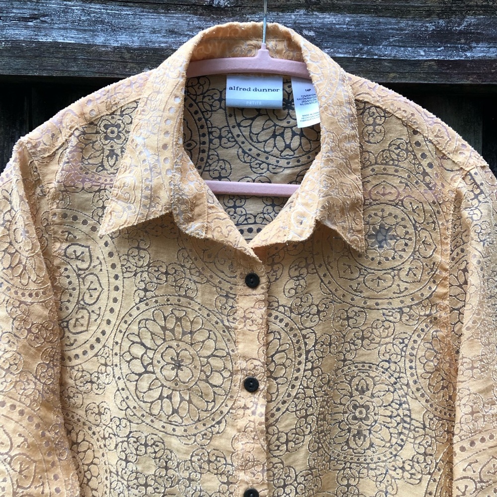 Vintage Sheer Burnout Button Down Top Goldenrod 3/4 Sleeve Moroccan Design - Picture 2 of 12